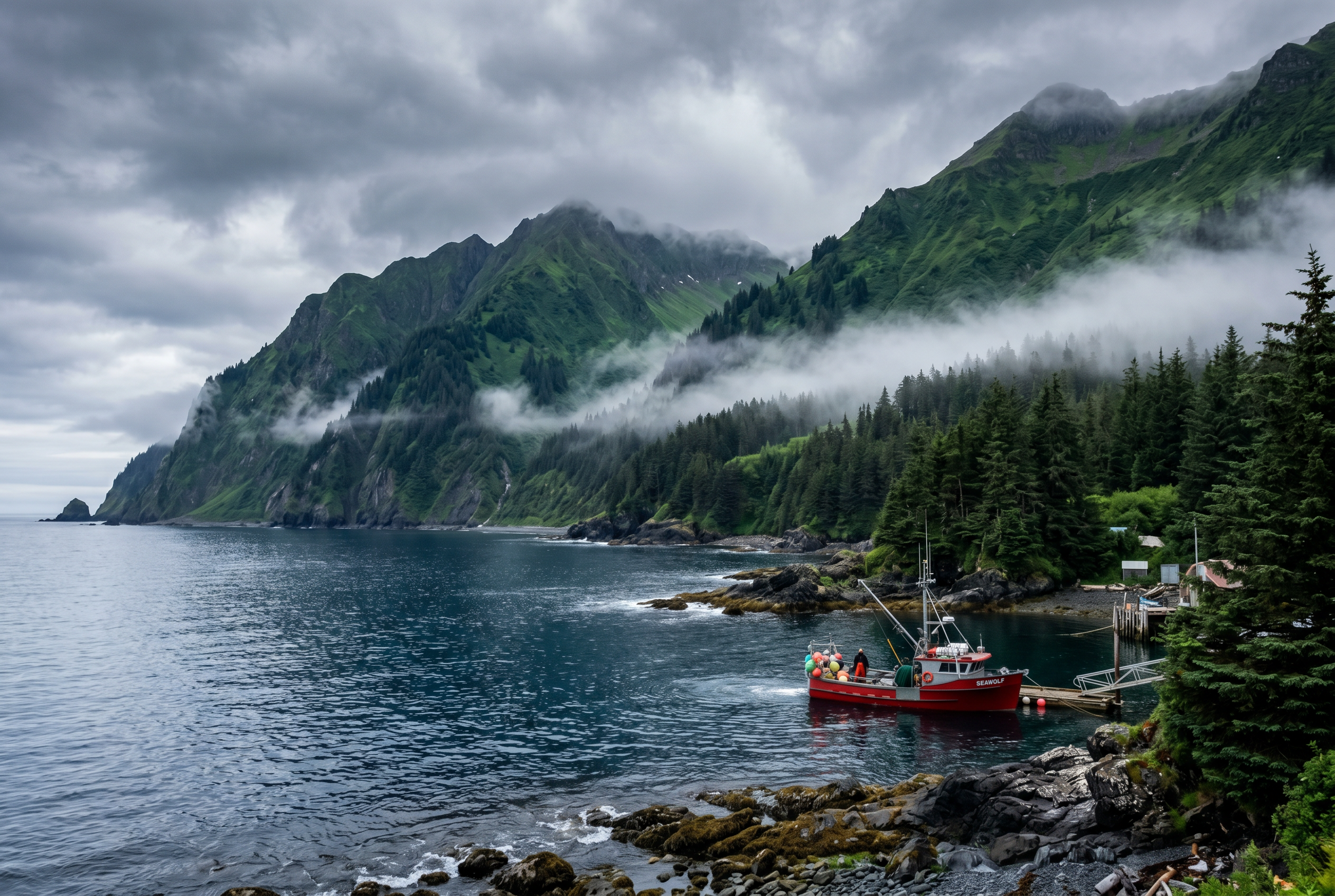 Foggy coastal mountains and a red fishing boat on Kodiak Island, Alaska